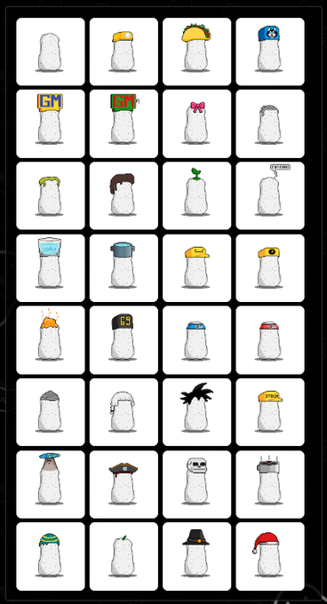 The image features a grid with various hats displayed, including baseball caps, sun hats, and other types of headwear. The hats are arranged in rows and columns, creating an organized layout that showcases different styles and colors. The caption above the image provides information about the content, stating that it is related to a post titled "Starch Miners don' just mine $STRCH. You can customize your miner and even get more clothes over time just by mining." This suggests that the hats in the image are part of an online store or marketplace where users can purchase and customize their own virtual wardrobe, with the added benefit of earning points or rewards for their purchases.