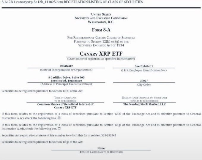Form 8-A SEC registration filing for Canary XRP ETF, listing its Common Shares of beneficial interest on The Nasdaq Stock Market, LLC, with principal offices at 8 Cadillac Drive, Suite 300, Brentwood, Tennessee.
