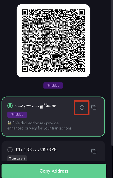 A mobile interface displays a QR code at the top, with a red box highlighting a refresh icon next to a partially blurred address marked 'Shielded'.