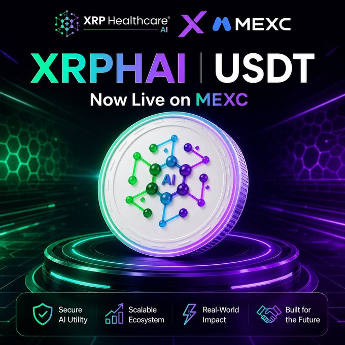 The image features a coin with a green, blue, and purple design, placed on a platform that has a purple background. The text above the coin reads "XRPHAI USDT now live on MEXC", indicating that the coin is available for purchase or exchange at the moment. Below this information, there are several bullet points providing details about the coin's features and benefits, such as its scalability, real-world impact, and ecosystem. The image also includes a logo for "XRPHealthcare" and "MEXC", suggesting that the coin is related to cryptocurrency or digital health initiatives.