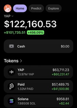 A cryptocurrency portfolio screenshot showing a YAP balance of $122,160.53 (+498.09%), along with Paid ($57,489.75) and Solana ($958.81) holdings.