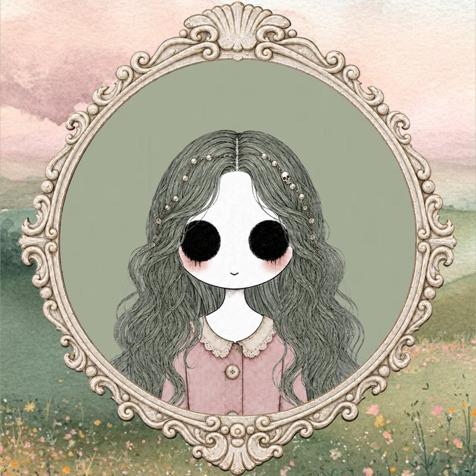 An illustration of a pale, gothic-style doll with large black eyes and long wavy hair, wearing a pink collared dress and framed within an ornate oval border against a muted landscape.