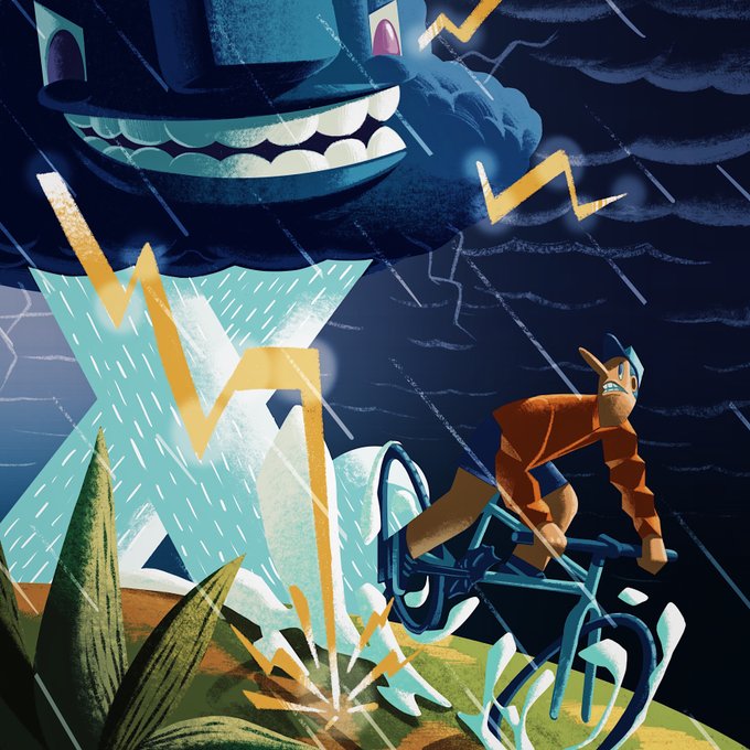 A dramatic digital illustration depicting a cyclist in a stormy night scene, with lightning bolts, rain, and a large menacing mechanical figure with sharp teeth looming in the background.