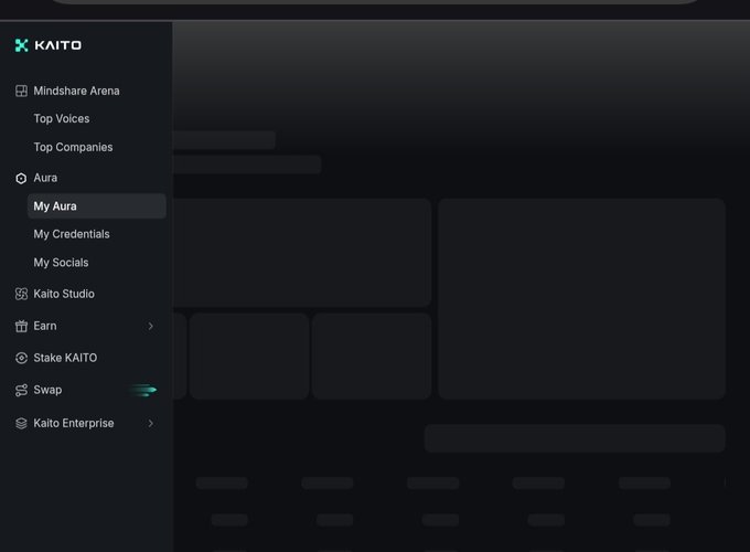 KAITO platform dashboard with a sidebar menu including Mindshare Arena, Aura, Kaito Studio, Earn, Stake KAITO, Swap, and Kaito Enterprise options against a dark themed interface.