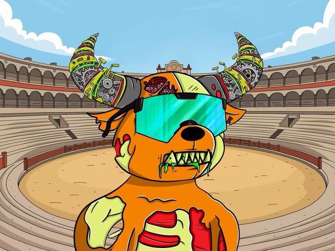 A cartoon illustration of a cybernetic dog-like creature with exposed ribs, mechanical horns, cyan visor, and drooling teeth, standing in an arena.