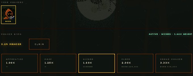 A 'YOUR MANGERS' interface showing 'MANGER #356' with a 'CLAIM' button and tier options including Apprentice, Mage, Wizard, Elder, and Grand Manger.