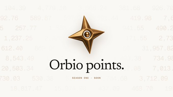 A golden four-pointed star emblem sits centered above the text "Orbio points. SEASON ONE • SOON," set against a cream background filled with faintly visible numerical values like 104.39, 257.77, 612.40, and 31,957.82, visually reinforcing the credit-market theme introduced in the announcement of Orbio's new season-based rewards program for unused credit listings.