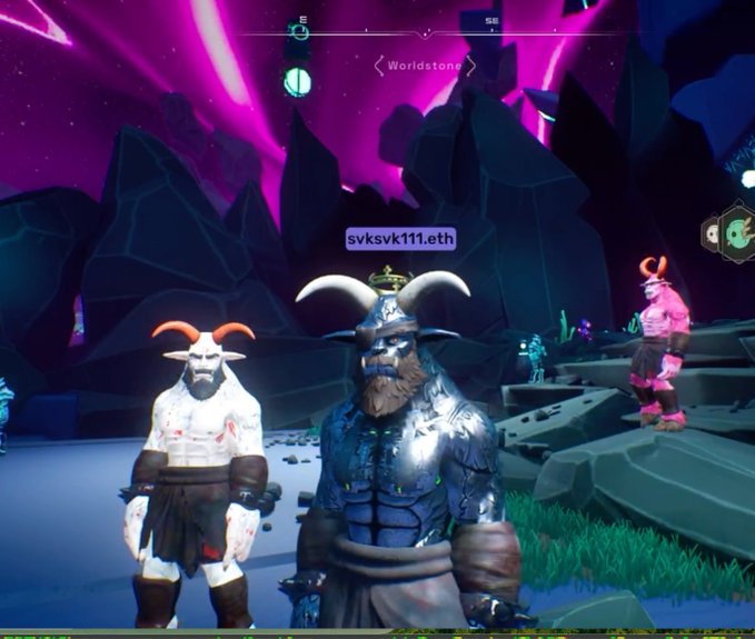 The image features a group of three Minotaurs standing together, with one of them wearing a helmet that has the words "Worldstone" written on it. The Minotaurs are positioned in front of a rocky cliff or mountain range, which adds an element of adventure and excitement to the scene. The post about these Minotaurs is titled "Absolutely magnificent Minotaurs in Otherside! This is insane Thank you @imjameshall @OthersideMeta @mintotaurs".