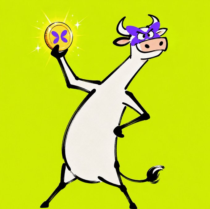 A cartoon cow wearing a purple mask triumphantly holds up a glowing coin with the Flap logo on a bright yellow background, symbolizing the excitement around Flap's new listing of the $MSTRB quote token on BNB Chain and the growing variety of BTC and equity-linked assets now available on the platform.