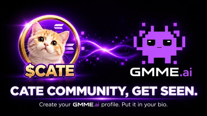 A promotional banner features a golden-framed photo of an orange tabby cat labeled "$CATE" next to a purple pixelated alien-style "GMME.ai" logo, connected by glowing wave graphics. The bold text reads "CATE COMMUNITY, GET SEEN," with a call-to-action instructing viewers to "Create your GMME.ai profile. Put it in your bio." The image visually represents the partnership encouraging $CATE community members to build profiles on GMME.ai to increase visibility.