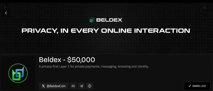 A Beldex promotional graphic reading 'PRIVACY, IN EVERY ONLINE INTERACTION', highlighting a 'Beldex - $50,000' prize for a privacy-first Layer 1 for payments, messaging, and browsing, with the handle @BeldexCoin.
