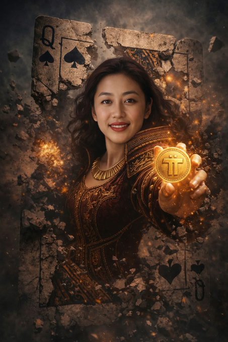 A woman in ornate golden attire holds a glowing Pi Network (π) coin, with Queen of Spades playing cards crumbling into embers behind her.

The image evokes the uncertainty and "game of chance" nature of the Pi Node v25.2 update delays mentioned in the post, with the crumbling cards symbolizing the fragile state of the network while the Pi coin represents the still-promised reward.