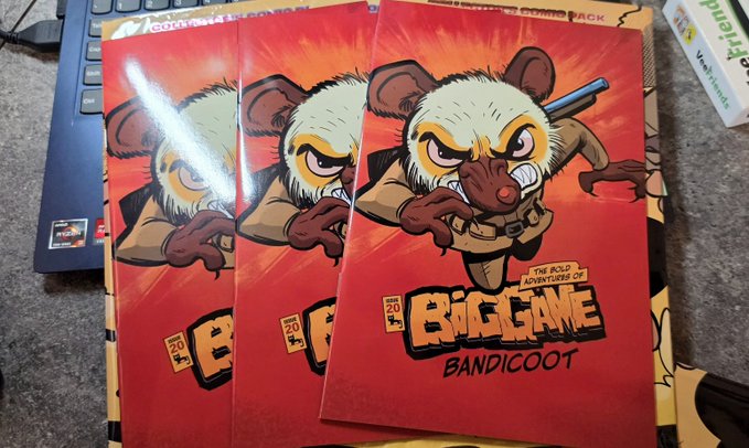 Three copies of "The Bold Adventures of Big the Bandicoot 2020" comic books fanned out on a desk.