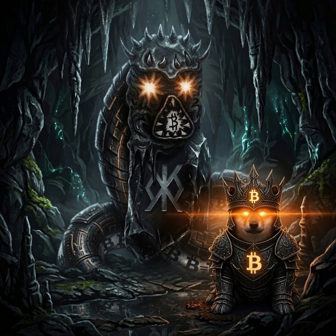 A dark fantasy digital artwork depicting a menacing armored serpent creature with glowing eyes alongside an armored cat warrior wearing a crown featuring the Bitcoin 'B' symbol, set in a cavern with stalactites.