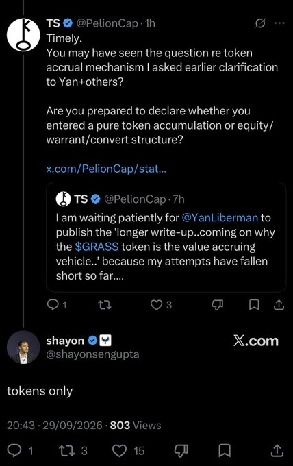 A X/Twitter thread by TS (@PelionCap) asking about token accrual mechanisms, with a reply from shayon (@shayonsengupta) stating 'tokens only', dated 29/09/2026.
