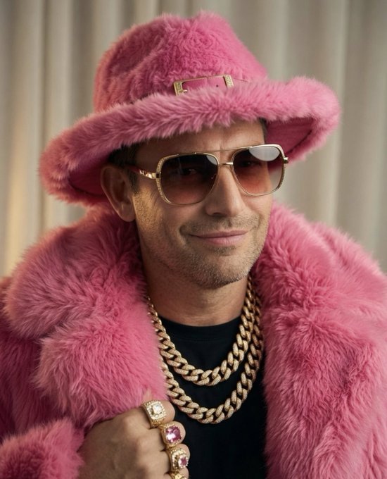Stylized portrait of a man wearing a bright pink fuzzy hat and matching fur coat, accessorized with aviator sunglasses, gold chains, and gemstone rings.