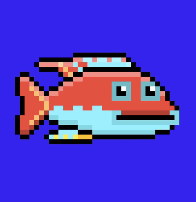 A pixel art image of a red and light blue fish-like creature on a solid purple background.