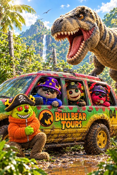 A whimsical 3D-rendered scene shows plush toy characters in pirate hats riding in a muddy 'Bullbear Tours' van (#04), with a large T-Rex looming behind them against a backdrop of tropical mountains and waterfalls.