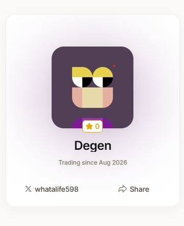 A profile card for user "whatalife598" with the username "Degen," showing a trading start date of Aug 2026 and 0 stars, likely promoting the Solana-based meme coin launchpad @trenches mentioned in the post.