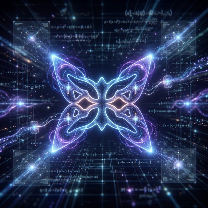The image features an abstract butterfly-like design with blue and purple colors, surrounded by various mathematical symbols and equations. The butterfly appears to be floating or hovering above a grid of numbers and formulas, creating a sense of depth and complexity within the scene. The overall composition suggests that this artwork is meant to represent the fusion of technology and art, as well as the interconnectedness between different fields of knowledge.
