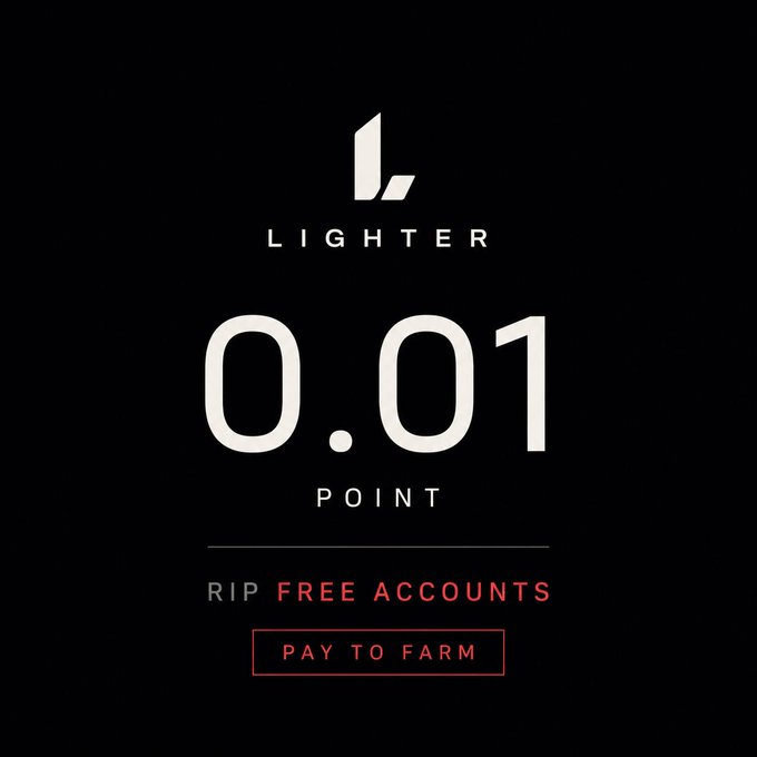 A black promotional graphic for 'LIGHTER' shows '0.01 POINT' with the text 'RIP FREE ACCOUNTS' crossed out and replaced with a red 'PAY TO FARM' button.