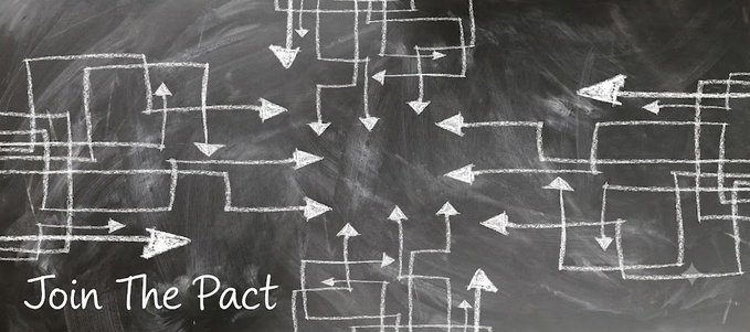A chalkboard with a complex flowchart of arrows pointing in different directions and the handwritten text 'Join The Pact'.