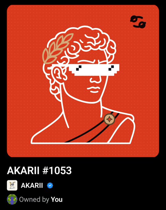 An NFT titled "AKARII #1053" featuring a stylized portrait of a classical figure with a laurel wreath wearing pixelated sunglasses against a red background, owned by the user.