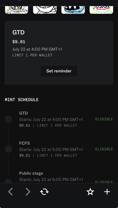 The image displays an NFT mint schedule for "GTD" priced at $9.61, with a limit of 1 per wallet, showing eligible stages including GTD starting July 22 at 4:00 PM GMT+1, FCFS at 5:00 PM GMT+1, and a public stage at 6:00 PM GMT+1, all marked as ELIGIBLE—confirming the Alpha vault's eligibility for the 12 allocated spots mentioned in the post.