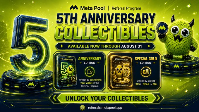 Meta Pool Referral Program 5th Anniversary Collectibles promotional graphic available through August 31, featuring an Anniversary Edition unlocked by connecting a wallet and a Special Gold Edition unlocked by staking $25 in NEAR or SOL at referrals.metapool.app.