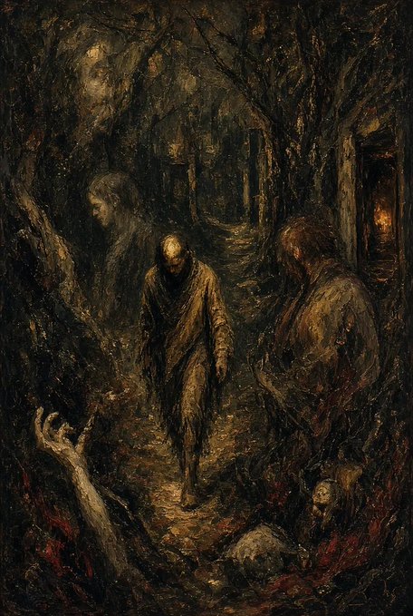 A dark, moody painting depicts a gaunt figure walking down a shadowy, overgrown path, flanked by ghostly or spectral figures in tattered clothing.