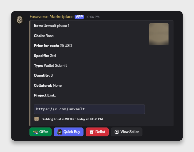 A screenshot of the Exsaverse Marketplace app shows an OTC listing for "Unvault phase 1" on the Base chain, priced at $25 USD each, with a quantity of 3 and a wallet submit type. The listing corroborates the post's claim that collaboration managers are selling Unvault phase 1 whitelist spots at a discounted price of $25 on the secondary market.