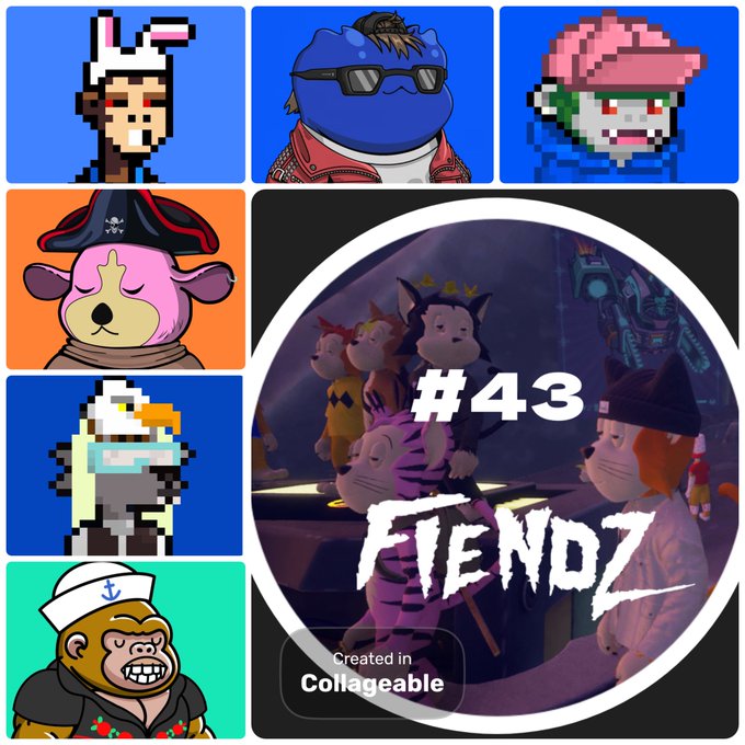 A collage titled "#43 FIENDZ" displays pixel art characters on the left and a photograph of toy figures in the main circular frame, with "Created in Collageable" text at the bottom.