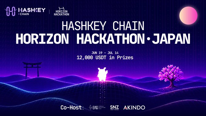 Promotional graphic for the **HashKey Chain Horizon Hackathon · Japan** running **Jun 19 – Jul 14** with **12,000 USDT in prizes**, featuring a stylized neon landscape with a torii gate and cherry blossom tree, co-hosted by EAG, SNZ, and Akindo, and announcing that registration closes in 24 hours via dorahacks.io with a Tokyo Demo Day at luma.com/bljpi0vd.