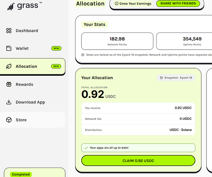 A screenshot of the Grass application dashboard showing allocation stats: 182.98 Network Points, 354,549 Uptime Points, and a total allocation of 0.92 USDC ready to claim.