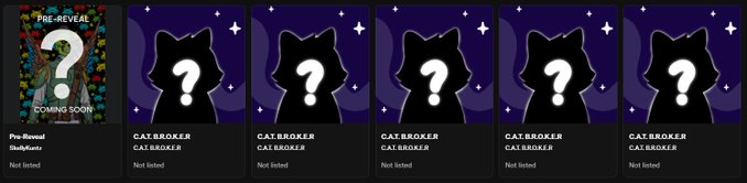 A row of six NFT-style cards featuring black cat silhouettes with white question marks on a starry purple background, labeled 'CAT BROKER', alongside a 'PRE-REVEAL' card marked 'COMING SOON!' on the left.