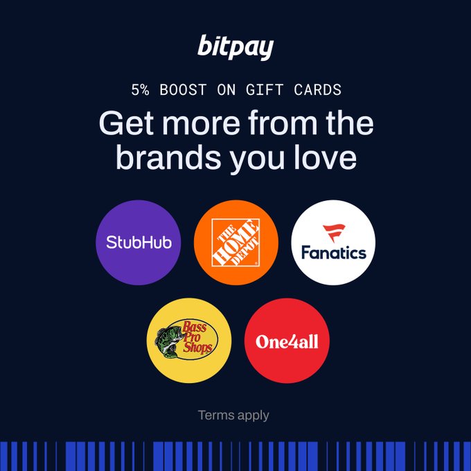 An advertisement for BitPay offering a '5% BOOST ON GIFT CARDS' featuring logos for StubHub, The Home Depot, Fanatics, Bass Pro Shops, and One4all.