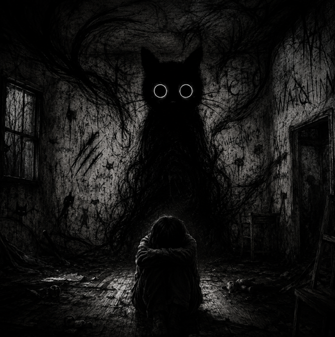 The image features a person sitting alone in a room with no visible television or other distractions, surrounded by darkness. The person appears to be in a state of sadness or contemplation as they sit in front of a large cat that has its eyes glowing like stars. The cat's presence and glowing eyes create an eerie atmosphere within the room, making it seem like a scene from a horror movie or a post about the dark side of life.