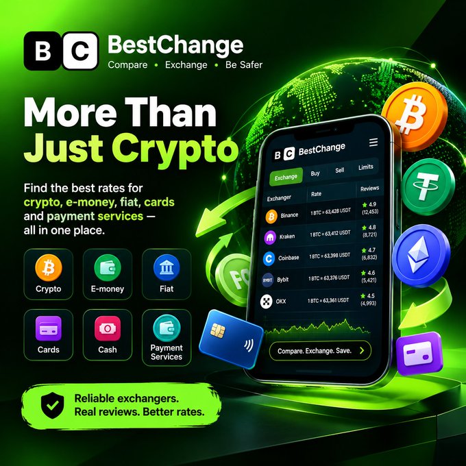 A promotional advertisement for 'BestChange' with the tagline 'Compare • Exchange • Be Safer' and 'More Than Just Crypto', showing a mobile app interface for comparing cryptocurrency, e-money, fiat, cards, and payment services rates.
