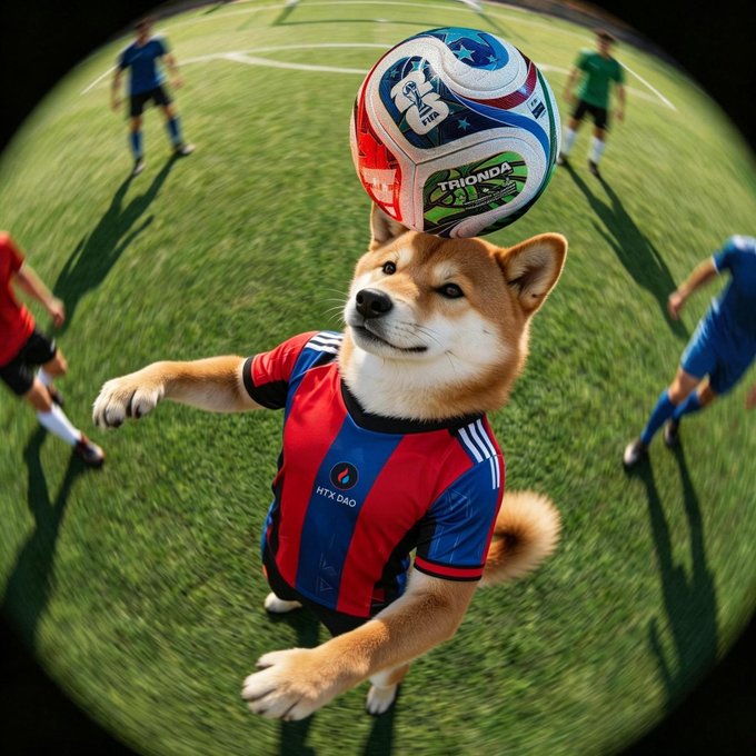 A Shiba Inu dog wearing a red and blue soccer jersey with "HTX DAO" on it balances a soccer ball on its head on a green field, with other players visible in the background. The image ties into the "GM #HTXDAO" post by featuring the HTX DAO branding on the dog's jersey, blending the playful meme culture associated with the Shiba Inu (a symbol linked to HTX's dog-themed branding) with the community greeting.