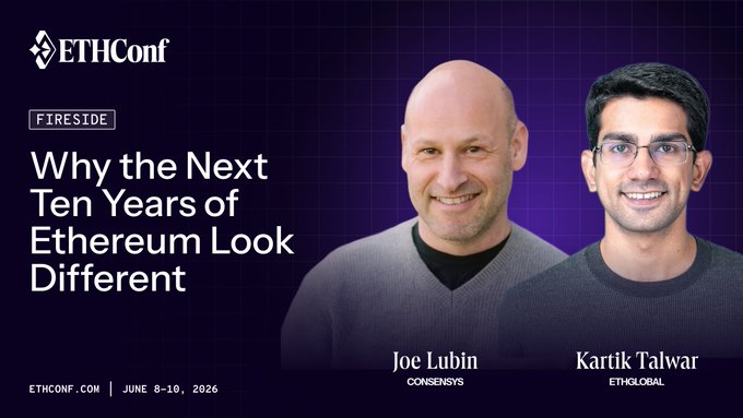 The image features a poster for an event titled "Why the Next Ten Years of Ethereum Look Different" featuring two men smiling at the camera. The poster includes text that reads "ETHCON", "Fireside", "Why the Next Ten Years of Etherium Look Different", and "@ethereum Joseph".