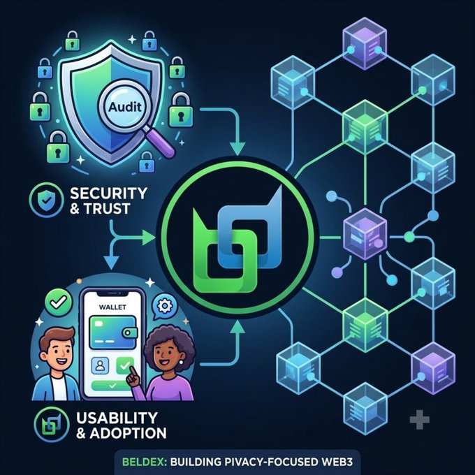 An infographic illustrating 'BELDEX: BUILDING PIVACY-FOCUSED WEB3,' highlighting Security & Trust with an audit shield icon, Usability & Adoption with users and a wallet, and a network of blockchain cubes connected to a central logo.