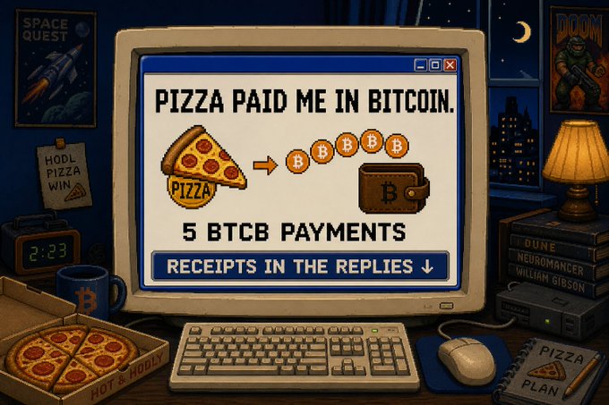 A pixel art scene featuring a retro computer displaying "PIZZA PAID ME IN BITCOIN" and "5 BTCB PAYMENTS - RECEIPTS IN THE REPLIES," surrounded by pizza, gaming posters, and Bitcoin-themed items.