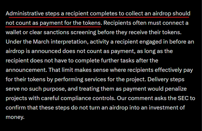 A text excerpt discussing SEC interpretation of airdrops, arguing that administrative steps like wallet connection and sanctions screening should not count as payment for tokens. The phrase 'Administrative steps a recipient completes to collect an airdrop should not count as payment for the tokens.' is underlined in orange.