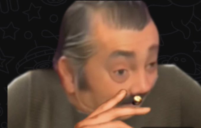 A close-up of an older man smoking a cigar, set against a dark background decorated with faint doodles of stars and UFOs.