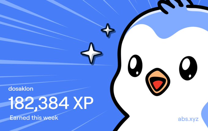 A Duolingo-style XP achievement screen showing "dosaklon" earned 182,384 XP this week, featuring a cute white owl mascot with sparkles against a blue background, with "abs.xyz" watermark.