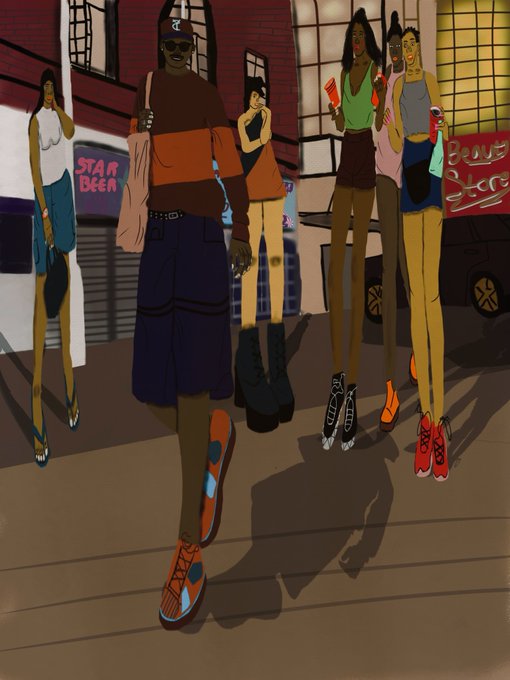 A stylized illustration of urban fashion featuring several stylish figures walking down a city street, with prominent characters wearing athletic shorts, designer sneakers, and casual streetwear.
