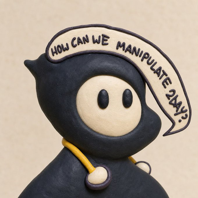A black hooded figurine with a smiley face has a speech bubble reading "HOW CAN WE MANIPULATE GAY?"