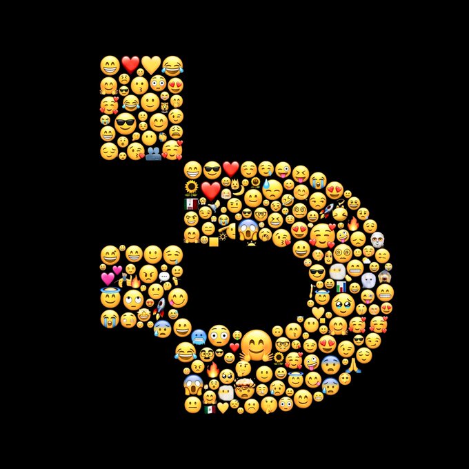 An artistic image where the number '5' is formed by an arrangement of various yellow emoji faces on a black background.