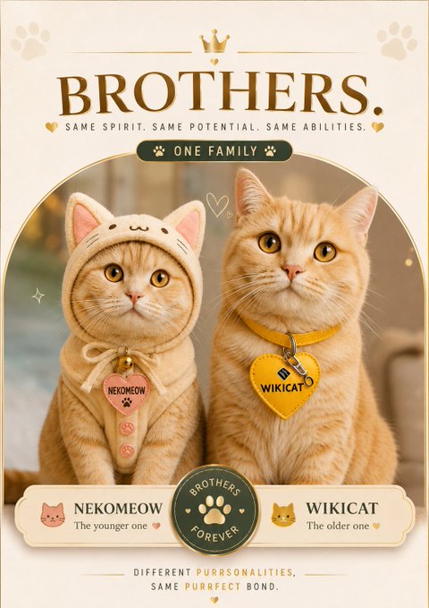 A decorative poster titled 'BROTHERS. SAME SPIRIT. SAME POTENTIAL. SAME ABILITIES. ONE FAMILY' featuring two orange cats named NEKOMEOW (the younger one, wearing a pink heart tag) and WIKICAT (the older one, wearing a yellow heart tag). The bottom text reads 'DIFFERENT PURRSONALITIES, SAME PURRFECT BOND.'