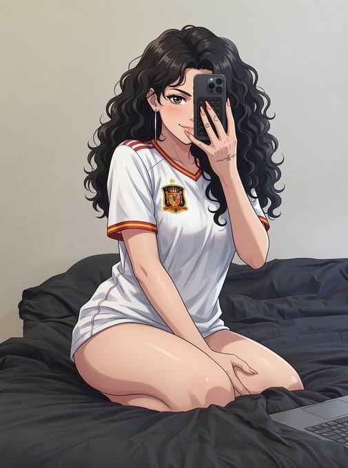 A curly-haired woman takes a mirror selfie while sitting on a bed, wearing a white Spain national team jersey featuring the team's crest. The post celebrates Spain's recent victory, tying the jersey to the "Gm Spain really did it yday huh" caption.